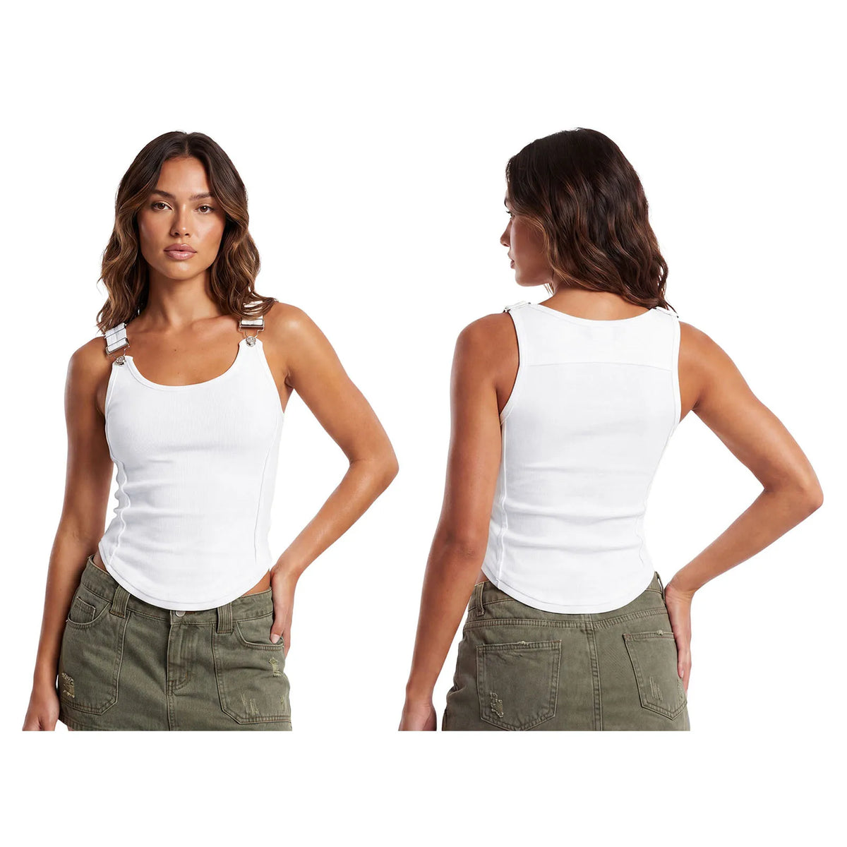 Summer Women's Solid Ribbed Tank Tops Stylish Sleeveless U Neck Camisole with Metal Buckle Straps Gothic Punk Vest