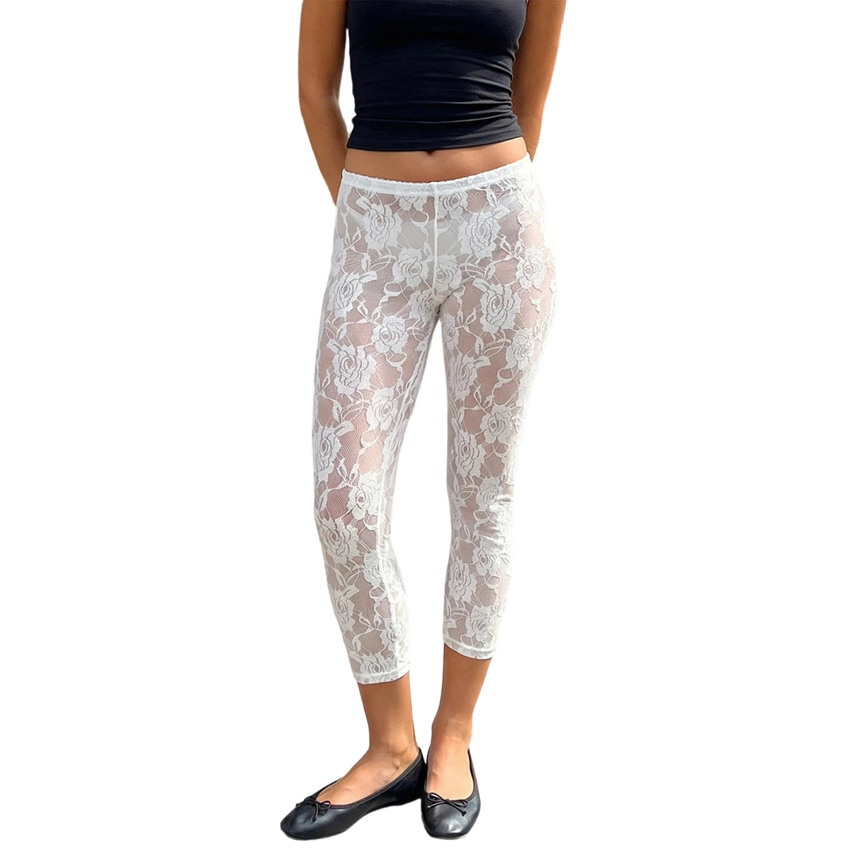 Women Summer Sheer Lace Capris Elastic High Waist Bodycon Cropped Pants Bottoms Sexy Club Beach Cover-ups Leggings