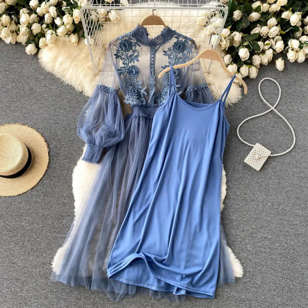 2 Pcs/Set Women Dress Suit Floral Embroidery See-through Lace Lantern Sleeves Pleated A-line Elastic Waist Dress Slip Dress Suit