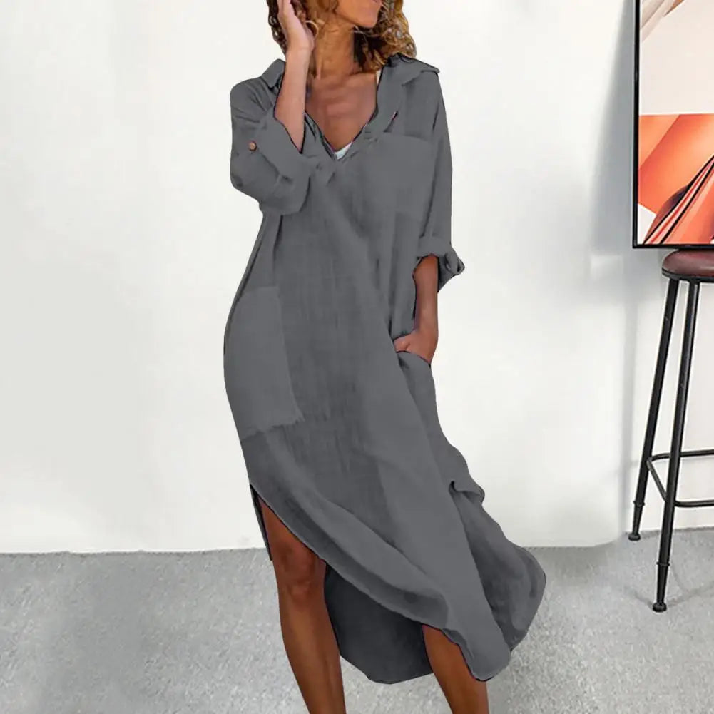 Beach Holiday Dress Women Summer Shirt Dress Lapel V-neck Solid Color Pockets Design Side Split Loose Fit Thin Midi Dress