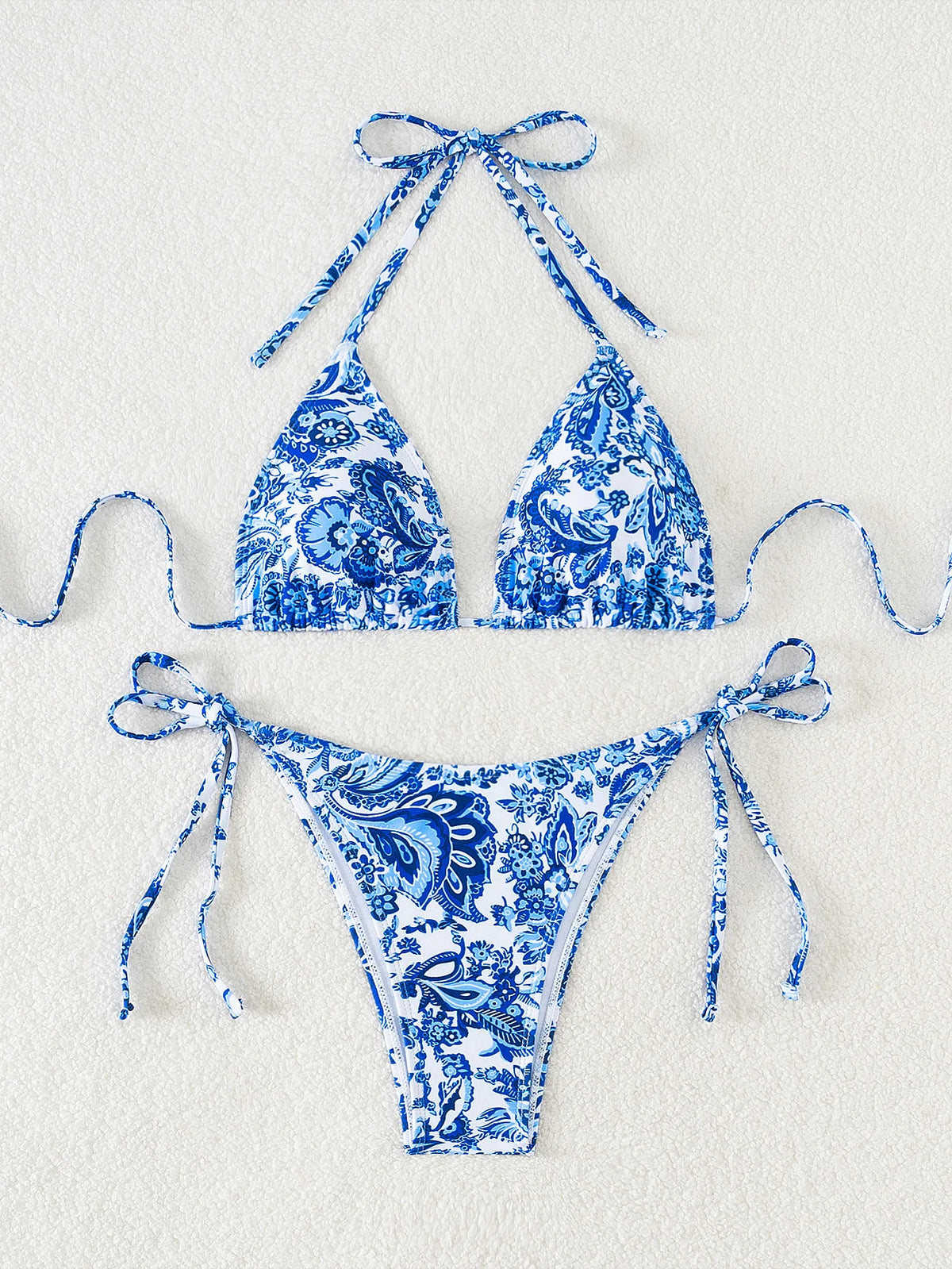 Blue Floral Print 2 Piece Micro Bikini Set for Women 2025 New Push Up Bra Thong Swimsuit Beach Bathing Suit Holiday Swimwear