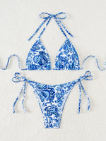 Blue Floral Print 2 Piece Micro Bikini Set for Women 2025 New Push Up Bra Thong Swimsuit Beach Bathing Suit Holiday Swimwear