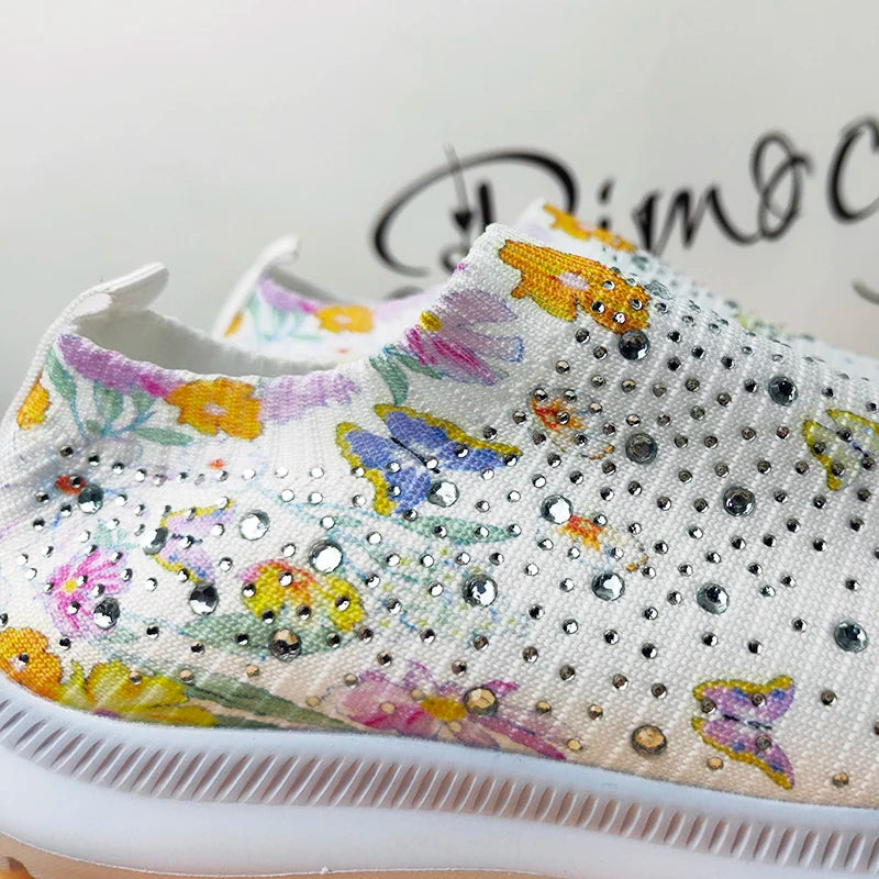 2025 Fashion Crystal Platform Sneakers Women Plus Size Slip On Flowers Printed Flats Woman Breathable Soft Sole Wakling Shoes