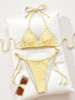 Sexy Triangle Micro Bikini 2026 Women Yellow Halter Metal Button Push Up Bra Two Piece Swimwear Bathing Suit Holiday Swimsuit