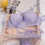 Japanese Lace Bra Set, Heart Pendant Purple Lingerie Sexy & Pure Small Chest Push Up Bralette, Fashion Outerwear Design Enhancer