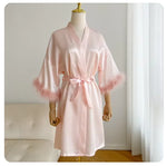Fashion Satin Robe Female Bathrobe Sexy Lingerie Silk Kimono Bride Dressing Gown Women Sleepwear Furry 3/4 Sleeve Gown Bathrobe