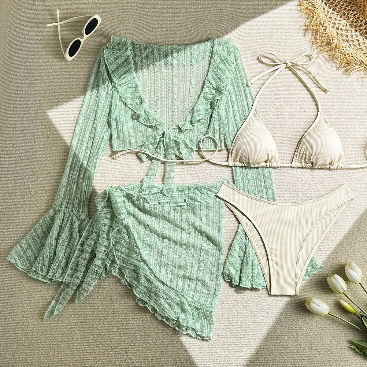 Sexy 4 Pieces Bikinis Sets Women Mesh Long Sleeve Cover Up Beach Skirt Swimwear Holiday Beach Bathing Suit Patchwork Swimsuit