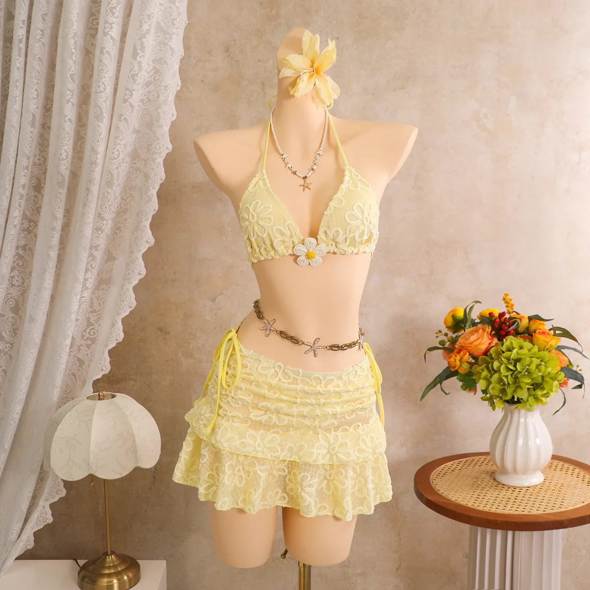 Vintage White Floral Embroidery Bikini Set 2026 Women 3D Flower Push Up Bra Pleate Skirt 3 Piece Swimsuit Bathing Suit Swimwear