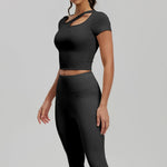 2 Pieces Women Tracksuit Yoga Set Spring Summer Short Sleeve Hollow Out Slim Sports Top High Waist Leggings Running Fitness Suit