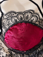 Limited edition retro Hong Kong style red and black velvet lingerie set - see-through lace trimmed bra+thong underwear ZA825166