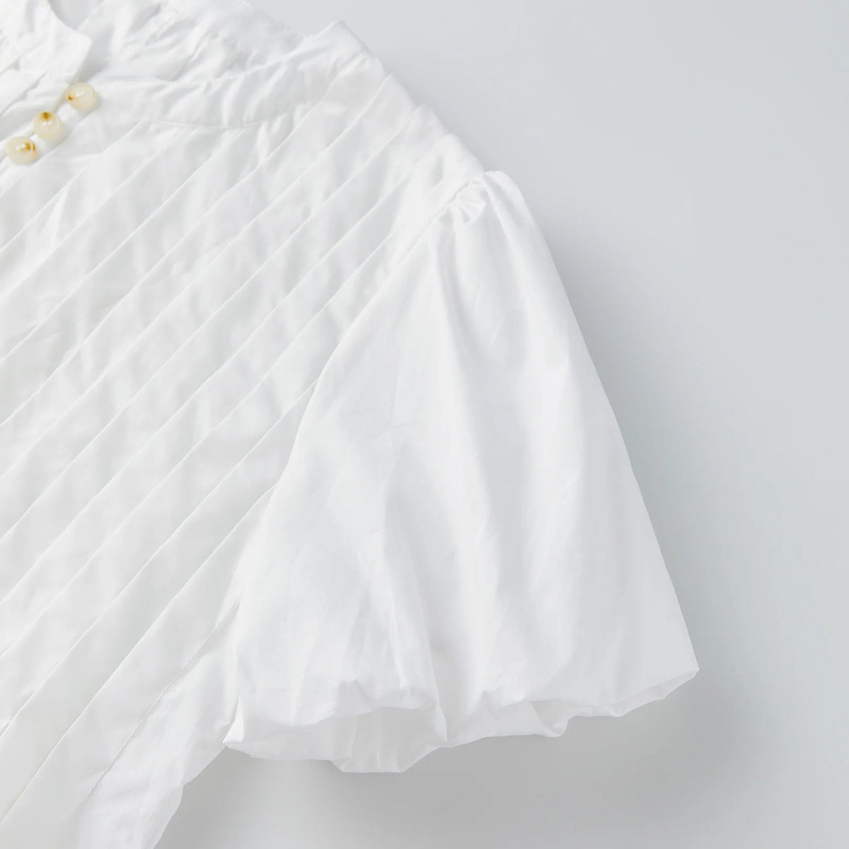 Summer Women's Ruched White Shirts Solid Color Bubble Short Sleeve Button Down Tops Casual Fashion Blouse
