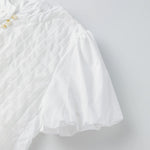 Summer Women's Ruched White Shirts Solid Color Bubble Short Sleeve Button Down Tops Casual Fashion Blouse