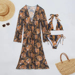 Boho Style Women's 3 Pcs Suit Swimwear Sexy Halter Lace-up Backless Bikini Set Cover-Up Beachwear Low Waist Push Up Bathing Suit