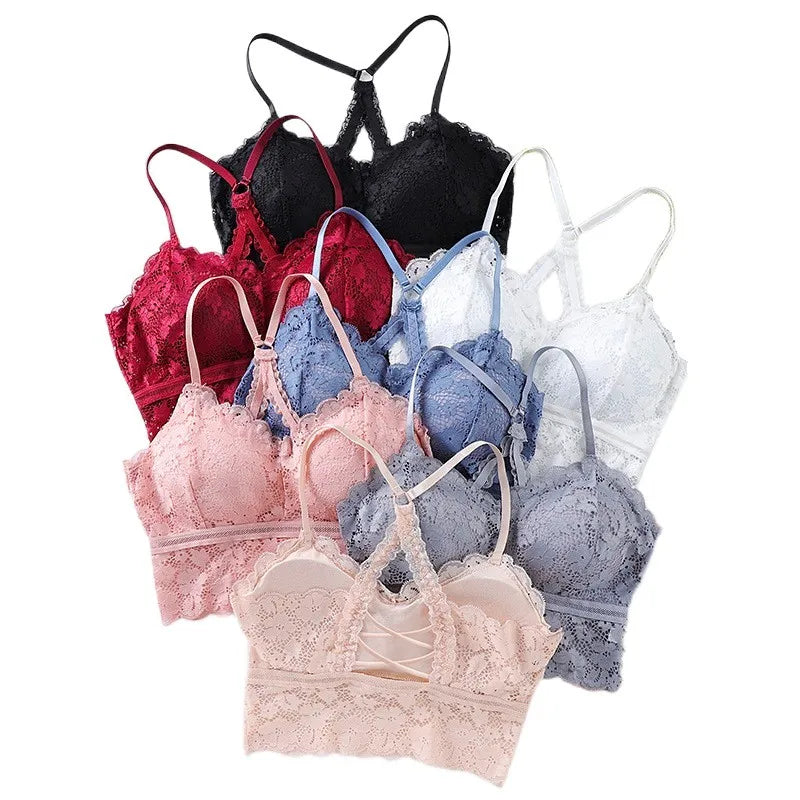 Cross Back Lace Bra Top Women Bralette Crop Top Sexy Lingerie Wireless Underwear Women Solid Color Bra Tops Padded Camisole