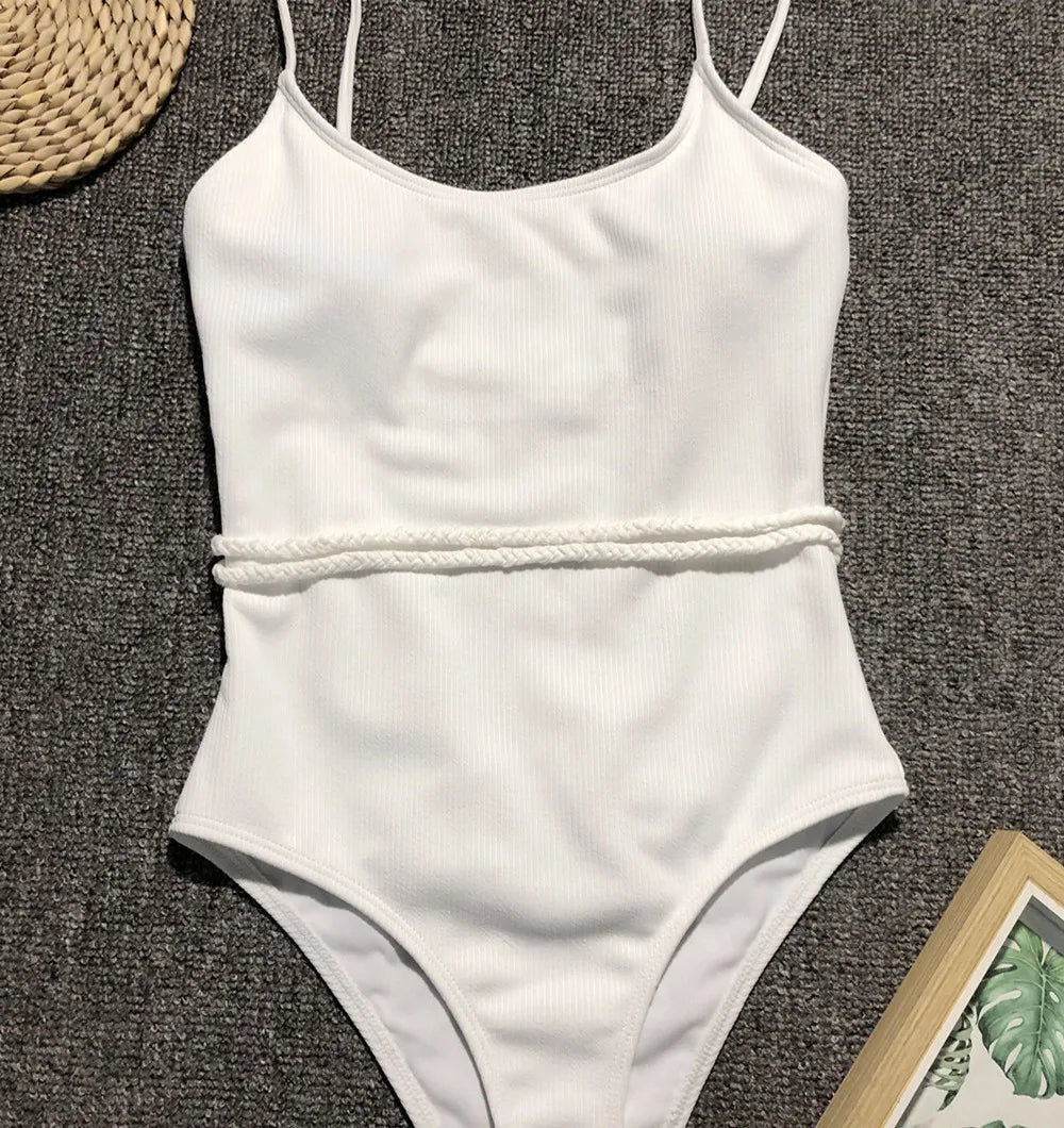 4 Colors Sexy One Piece Swimsuit Swimwear Women Solid Special Fabric Bathing Suit Beachwear with Waistband Maillot De Bain Femme