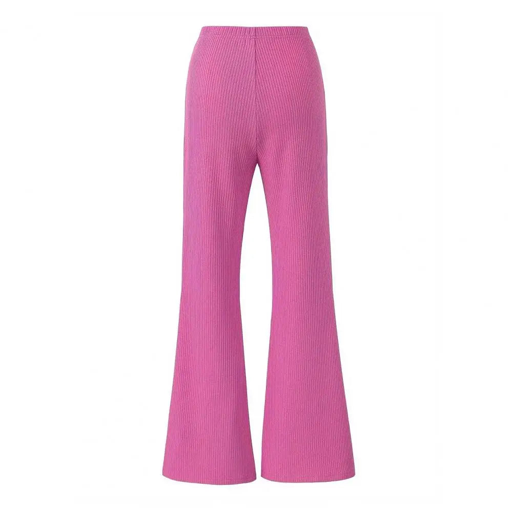 Women Flared Pants Yoga Running Cycling Trousers Elastic High Waist Solid Color Long Pants Ribbed Texture