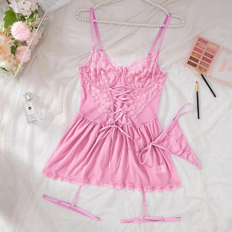 Sexy WhiteTulle Nightdress Woman Lingerie & ThongV-neck Open Sleep Skirt Erotic Pajamas Garter Dress Set See Through Nightwear