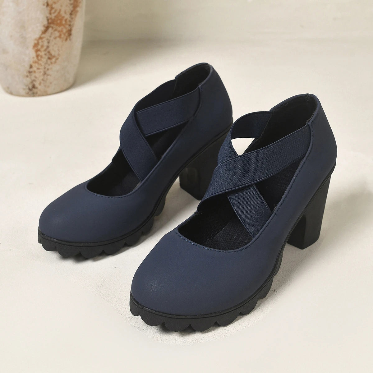Women Mary Jane Pumps Cross Elastic Strap Suede Chunky High Heel Lug Platform Sole Dress Party Shoes Large Size