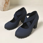 Women Mary Jane Pumps Cross Elastic Strap Suede Chunky High Heel Lug Platform Sole Dress Party Shoes Large Size