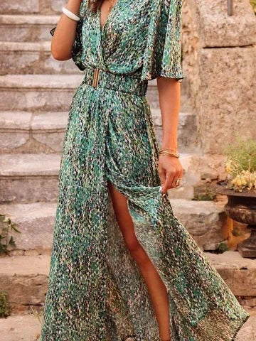 Spring Summer Printed Dress Short Sleeved Deep V-neck Slimming Waist Long Dresses Temperament Slit Dresses Vestidos Para Mujer