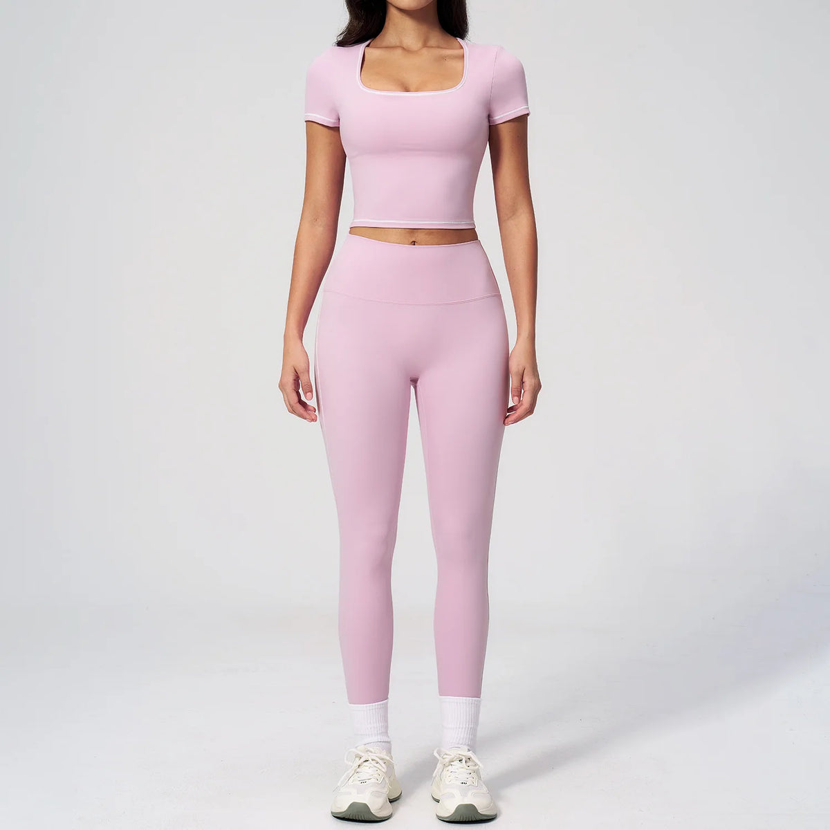 2PC Color Contrast Yoga Suit Women Short Sleeve Square Collar Slim Sports Top Fitness Suits Outdoor Exercise Leggings Tracksuit
