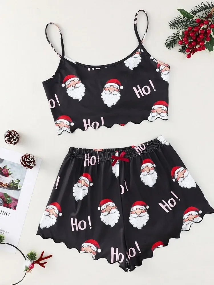 Christmas Clothes Cute Soft Gingerbread Print 2 Pieces Pajama Set Women's Sleepwear Crop Tops and Shorts Sets Loungewear