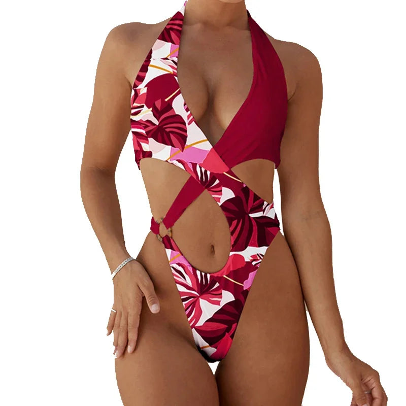 2025 Sexy High Cut Out Halter Female Swimwear One Piece Swimsuit Women Cross Bandage Monokini Bather Bathing Suit Swim Bodysuit