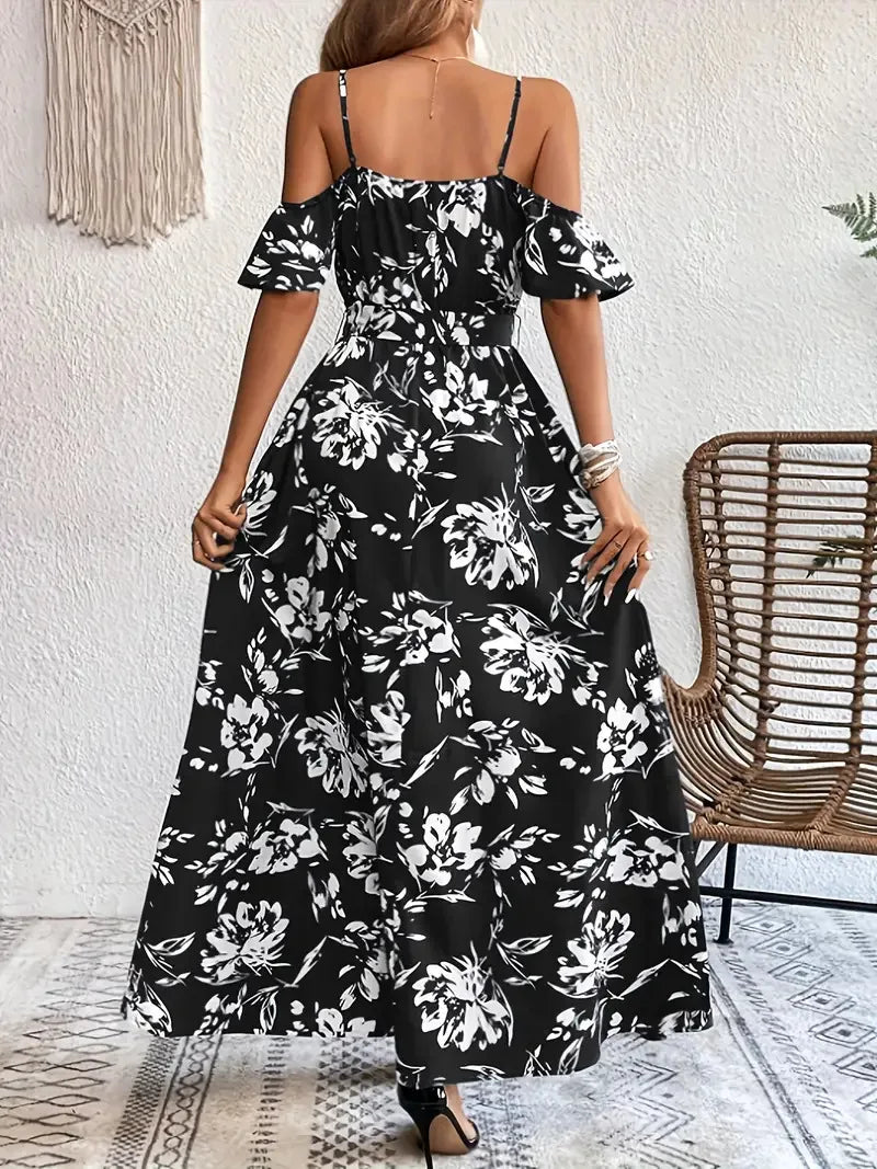 New Summer Women Print Dress 2025 Fashion ElegantVacation Party Short Sleeve Slim V-neck Slit Long Dresses Vestidos Para Mujer