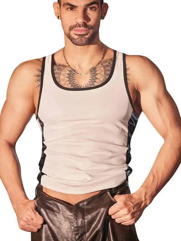 Sports Vest Men's Tight-Fitting Shirt Fitness Sexy Muscle Men's Leather Top Erotic Underwear Casaul Elegant Fashion Vest XOG8
