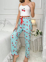 Y2K Coquette Cherry Print Pajama Set Womens Cami Crop Top Pants Two Piece Sleepwear Loungewear Summer Spring Autumn Outfits
