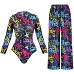 UPF35 Long Sleeved Sunscreen Swimsuit Long Pants Set Women Black Geometry Print Zipper Slim Fit Swimwear Bodysuit Beachwear 2025