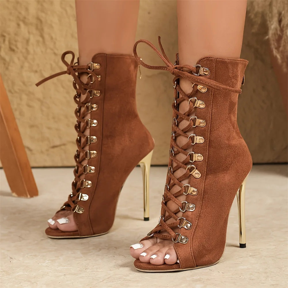 Big Size 42 Sexy Cross-tied Jazzi Summer Boots Women Elegant Brown Zip-up Thin High Heels Summer Ankle Boots Stiletto Shoes