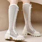 Fashion Breathable Mesh Boots for Woman Summer Solid Zipper Mid-Calf for Women Round Toe Lace Up High Heels Shoes Ladies