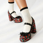 Big Size 43 High Quality Women's y2k Block High Heels Sweet Strawberry Print Mary Jane Pumps Black Pink Platform Lolita Shoes