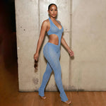 Sexy hot girl solid color see-through slim fit knitted deep V jumpsuit