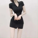 South Korea 2023 New Spring/Summer Dress Small Sexy Slim Fit Temperament Tight Short Sleeve Slim Wrap Hip Short Dress IDEI