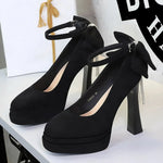 BIGTREE Women's Pointed Toe High Heels Back Bowknot Elegant Flock Ankle Strap Pumps for Women Black Dress Shoe Wedding Party