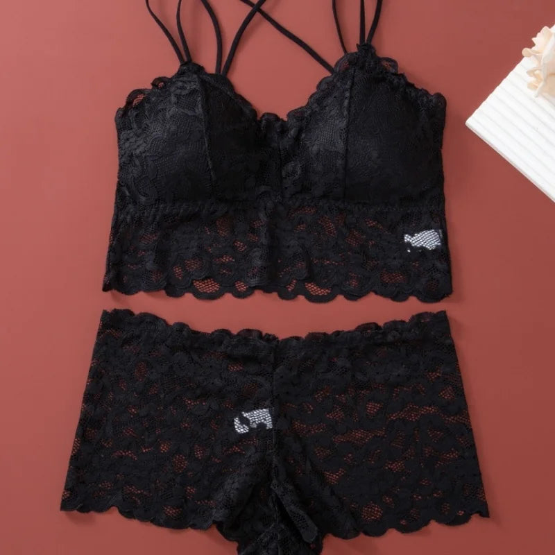 Women Lace Bra Set Bralette Low Rise Panties Nonwire Padded Bra Solid Color Underwear Set Female Sexy Lingerie Comfort Intimates