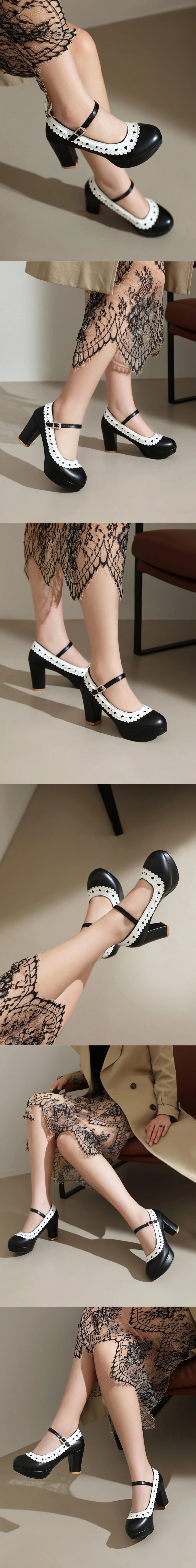 Plus Size 45 Sweet Mary Janes Shoes Women Cute Blue Block High Heels Lolita Pumps Lovely Pink Heart Edge Platform High-heeled