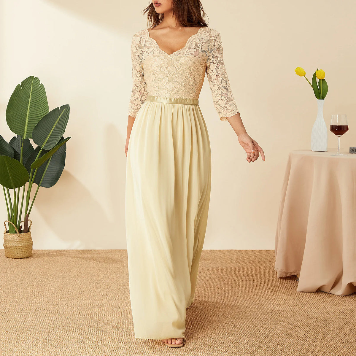 Elegant Lace Chiffon A-Line Long Dresses Women Wedding Dress Bridesmaid Dresses V-neck Mid-Sleeve Backless Zipper Female Dress