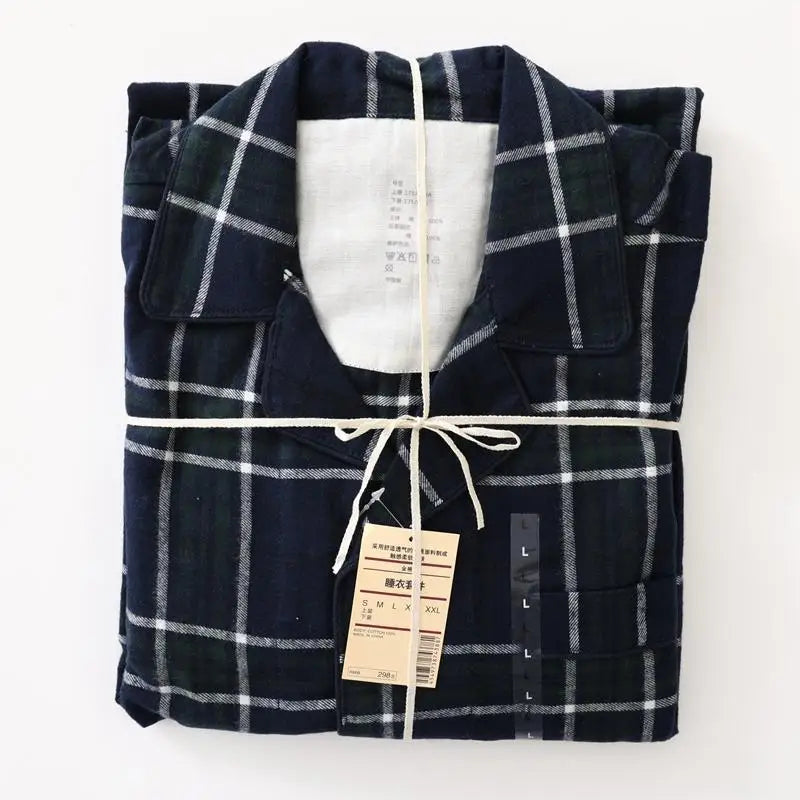 Men Brushed Cotton Vintage Plaid Stripe Pajama Set Lapel Collar Long Sleeve Top Pants Home Sleepwear Loungewear