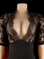 Women Lace V Neck Lingerie Nightgown 2PCS Set Bodycon Mini Dress Matching Briefs Black Sleepwear Lounge Dress