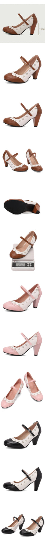 2026 Plus Size 48 Vintage Brown 7.5cm High Heels Mary Janes Pumps Retro Comfy Walk Summer Pink Office Lady Brogue Shoes Women