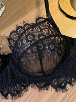 Black Lace Bra and Panty Set – Sexy Sheer Mesh Push-Up Bralette with Scalloped Edges + Thong Lingerie – Romantic Valentine’s Day