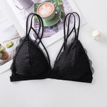 Women Scalloped Lace V Neck Padded Bra Fixed Non Adjustable Double Thin Strap Triangle Hollow Bralette One Size Underwear