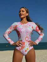 Pink Floral Print Surf Swimwear Women Front Zipper Long Sleeve Sunscreen Holiday One Piece Swimsuit Bathing Suit Monokini 2026