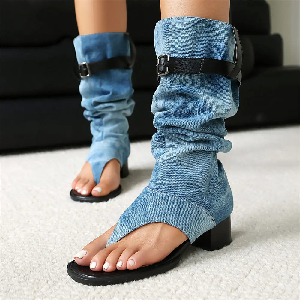 2025 Brand Plus Size 48 Trendy Denim Blue Gladiator Sandals Women Chic Black Chunky HeelsFashion Comfy Walk Summer Boot Shoes