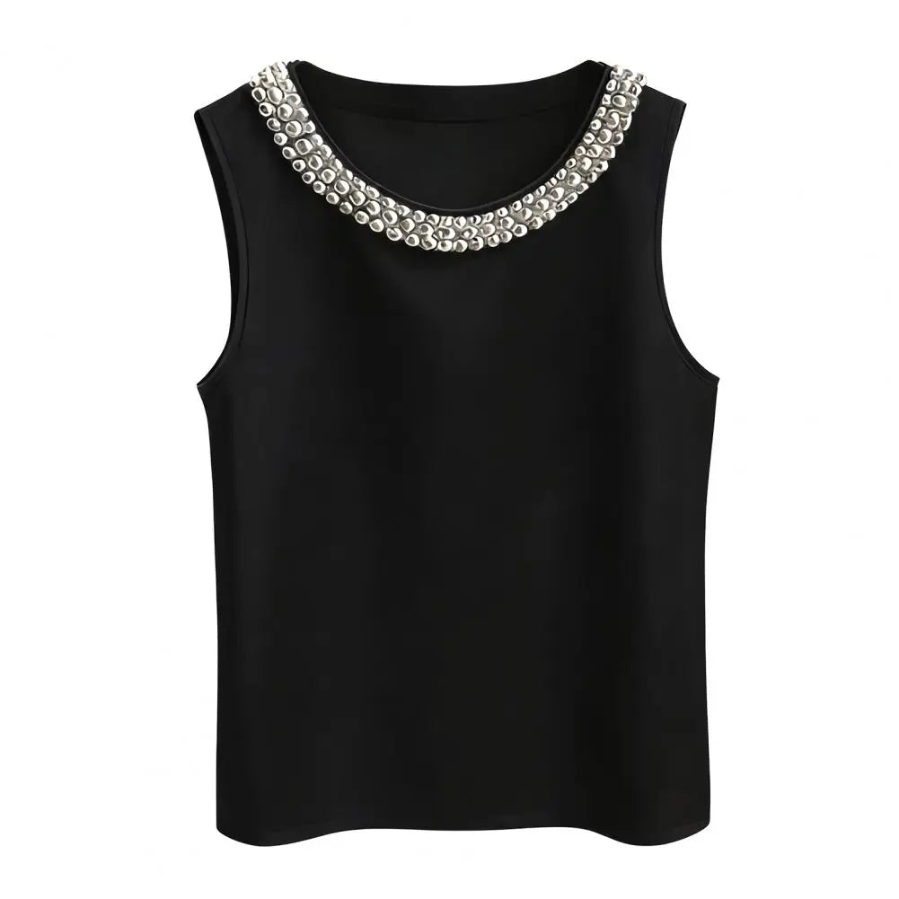 Women Vest Silky Satin Sleeveless Tops With Faux Pearls Collar Loose Fit Summer Tops Formal Semi-Formal Wear Women Blouse