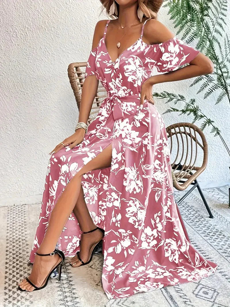 New Summer Women Print Dress 2025 Fashion ElegantVacation Party Short Sleeve Slim V-neck Slit Long Dresses Vestidos Para Mujer