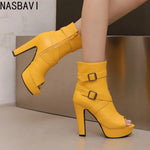 White Sexy Women Sandals Peep Toe 12cm Chunky Platform Zipper Belt Big Size 34-50 Dating Nightclub Ankle Cool Sandals Boots